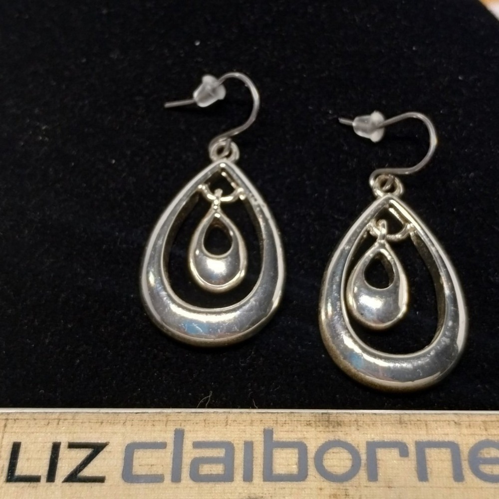 Liz Claiborne Silver Tone Double Teardrop Dangle Fish Hook Earring Classic Style